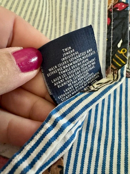 Ralph Lauren Vintage Polo Preppy Teddy Bear Blue Striped Flat Sheet Twin Size - Picture 4 of 5